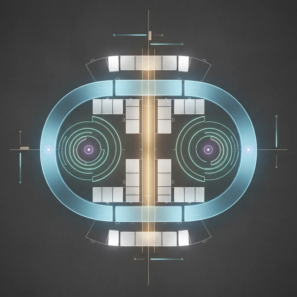 Futuristic digital interface showing a symmetrical room layout with blue glowing rings and orange light