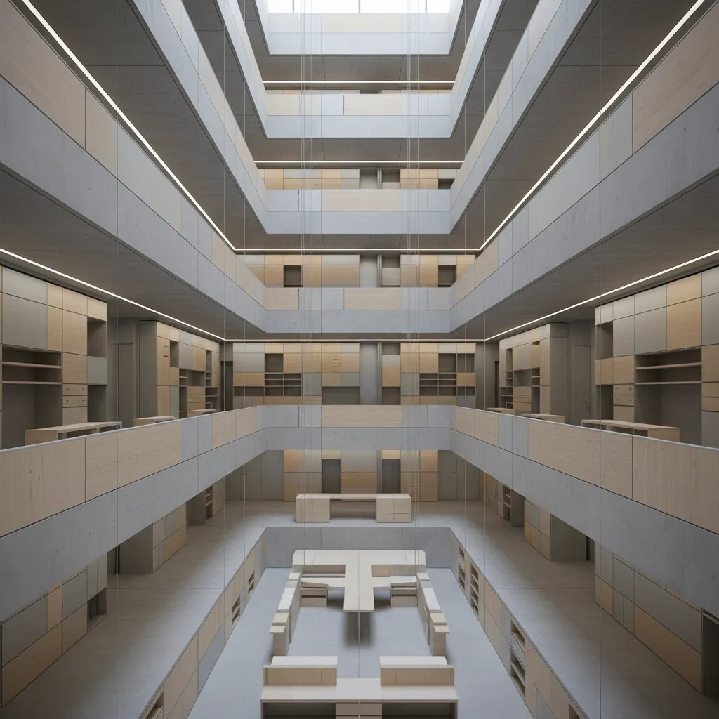 Modern office interior design drawing with open courtyard and multiple floor levels featuring wooden cabinets