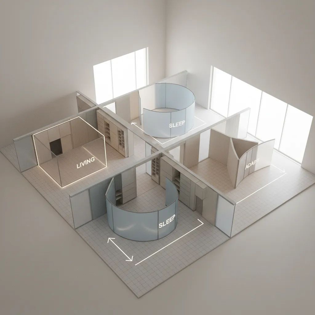 Modern interior design drawing showing a modular room layout with living area and sleeping zones