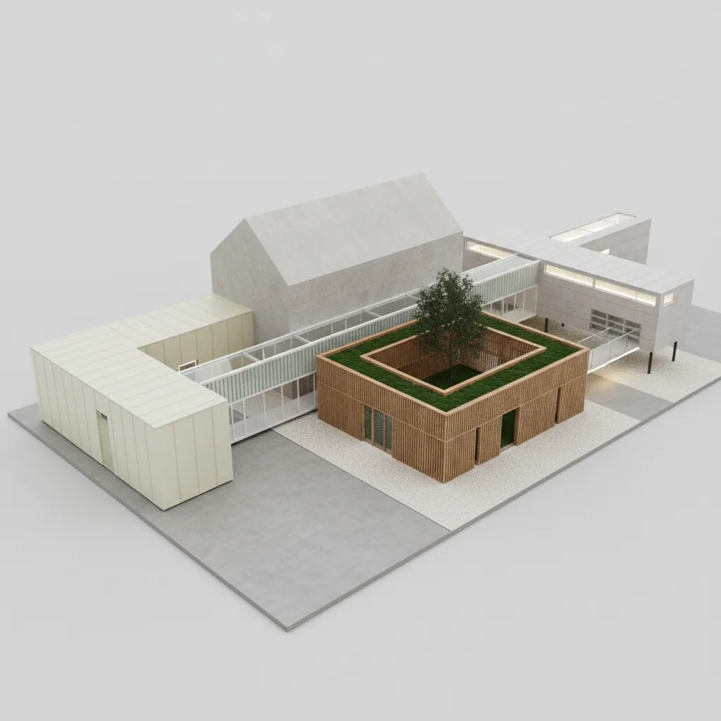 Modern house design model showing wooden courtyard building connected to white structures by glass walkways