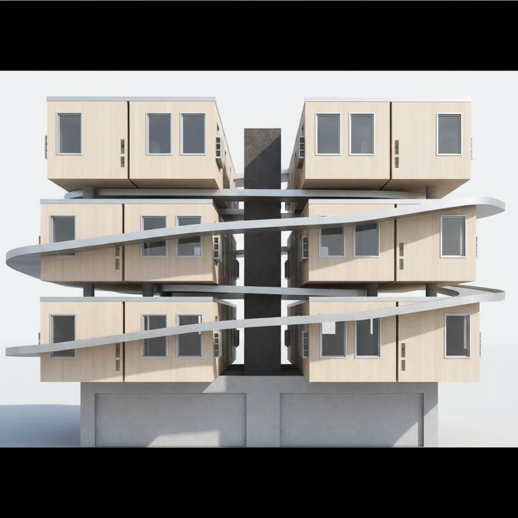 Modern apartment building exterior with stacked wooden modules winding ramps and grey concrete base design