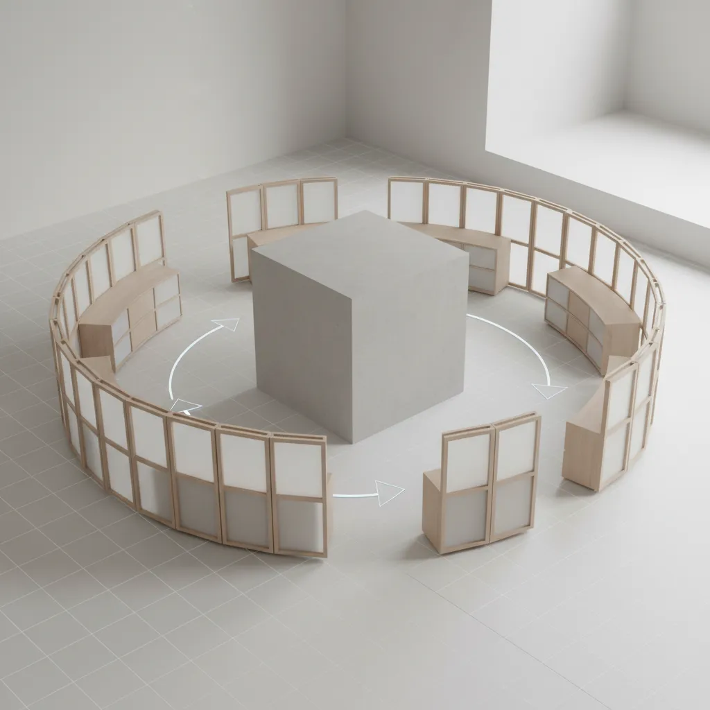 Interior design drawing showing a circular room layout with wooden cabinets and a center stone block