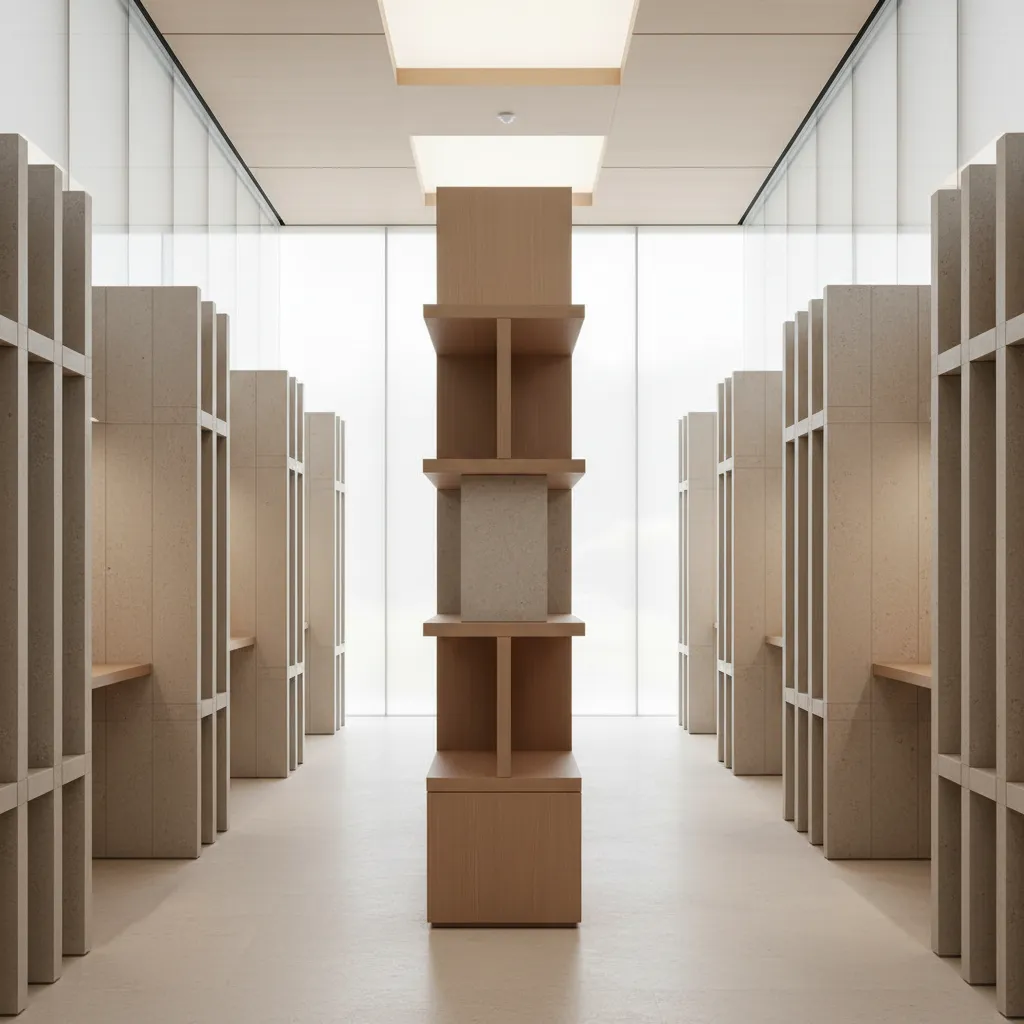 Modern library interior with tall wooden bookshelves large windows beige floor and bright ceiling light fixtures