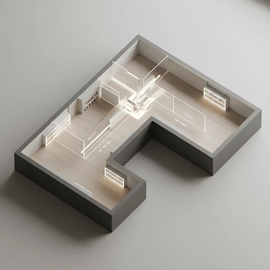 Modern 3D interior design drawing of an empty room with wood floors and glass walls