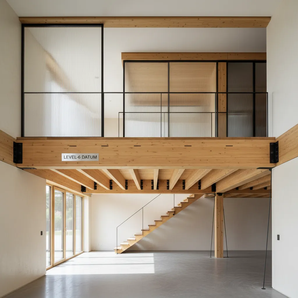 Modern interior with wooden beams glass railings stairs and open space under an upper floor