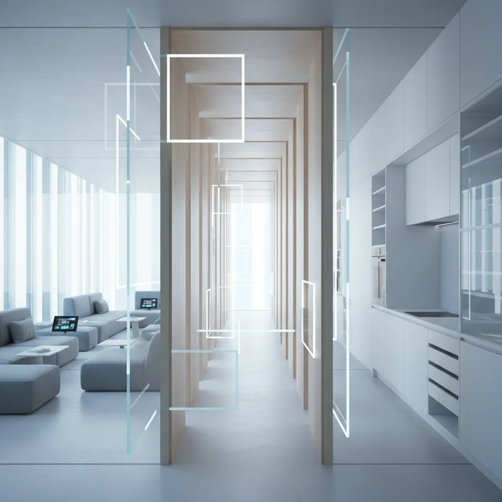 Technical floor plan showing a three bedroom apartment layout with kitchen dining area and three bathrooms