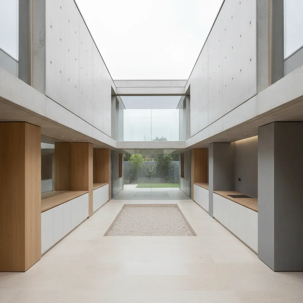 Modern open house interior with concrete walls wood cabinets white floors and glass garden doors