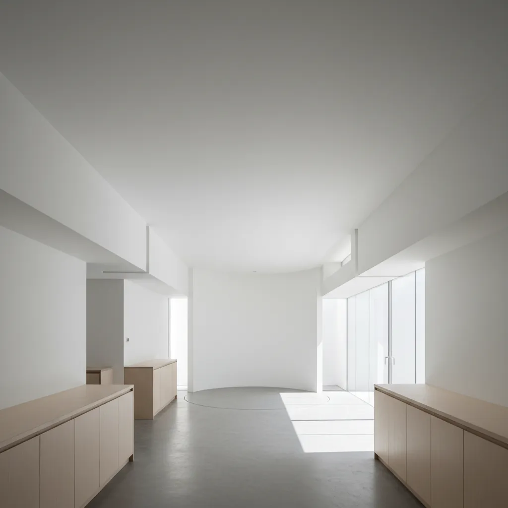 Minimalist white room with light wood cabinets grey floor large windows and bright natural sunlight rays