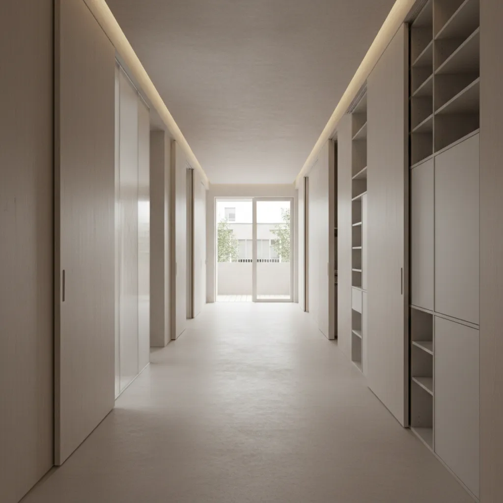 Modern minimal hallway with wood wall panels large cabinets and glass door leading to balcony
