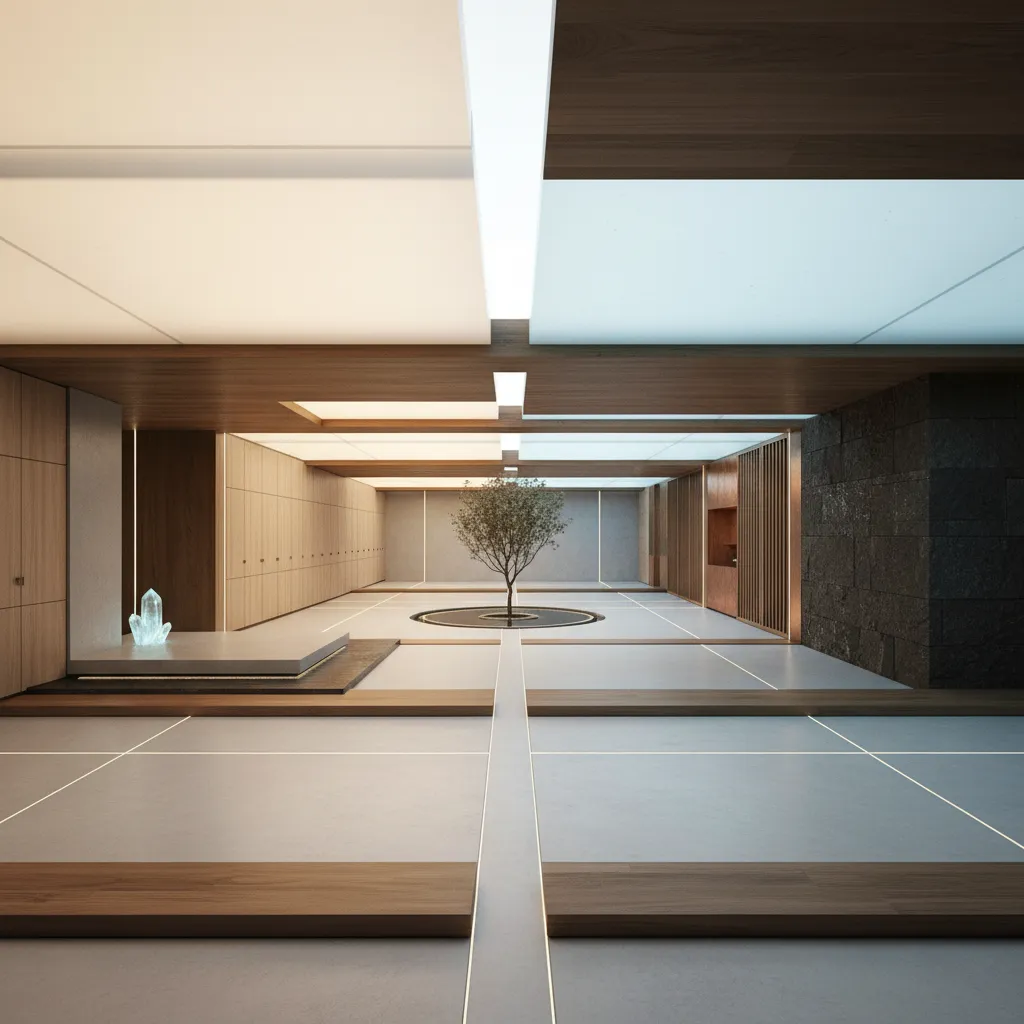 Modern interior design drawing of a minimalist room with wood panels stone wall and tree