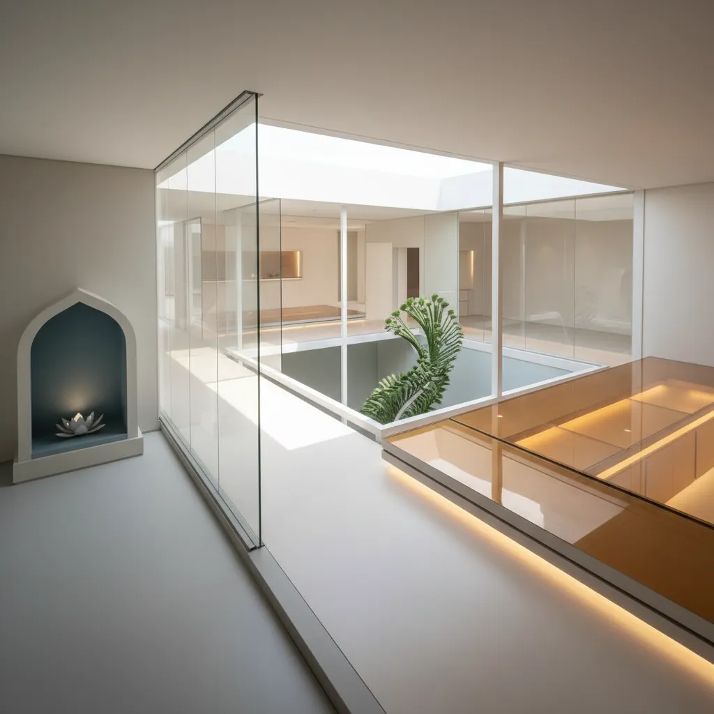 Modern interior design drawing with glass walls indoor garden plant white walls and floor light