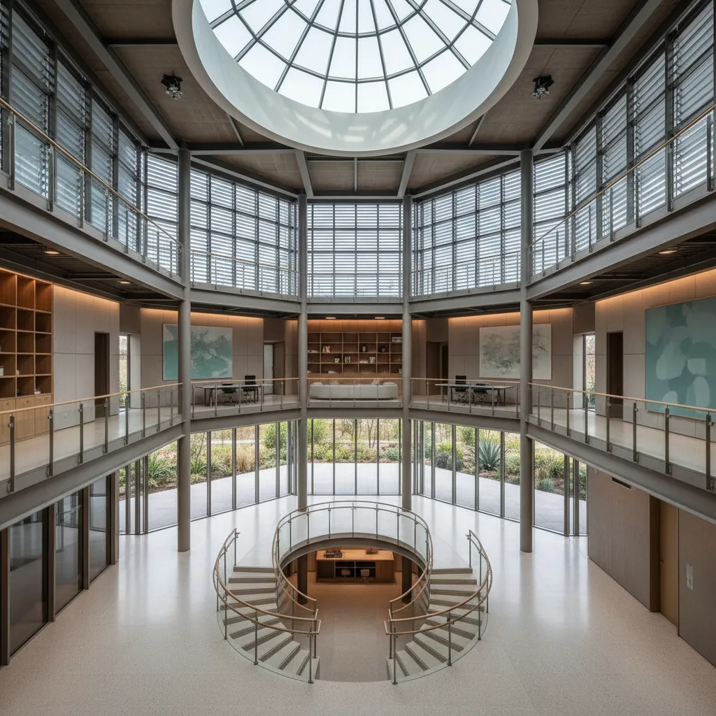 Large open office lobby with glass dome roof circular layout spiral staircase and multiple levels