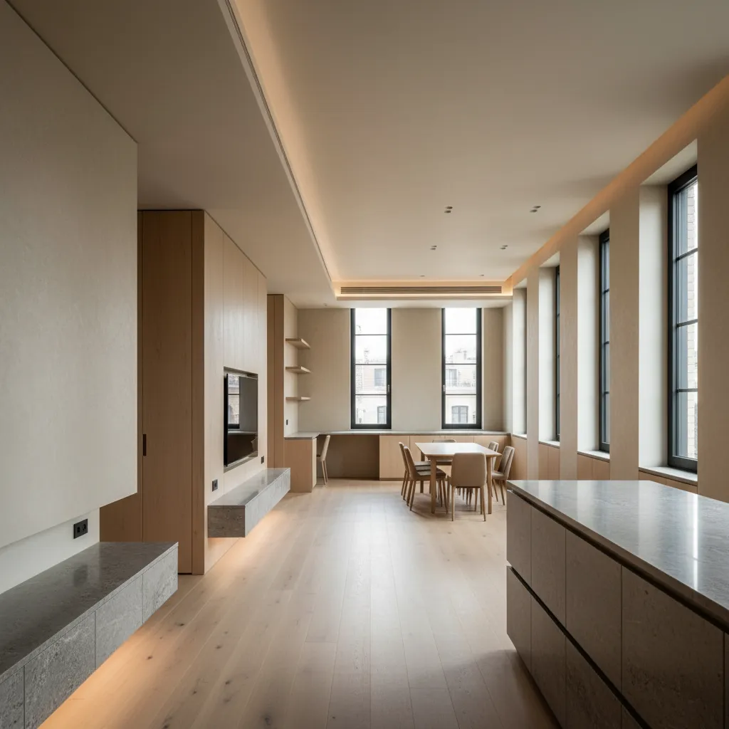 Minimalist open interior with light wood floors stone island table and warm hidden ceiling light fixtures