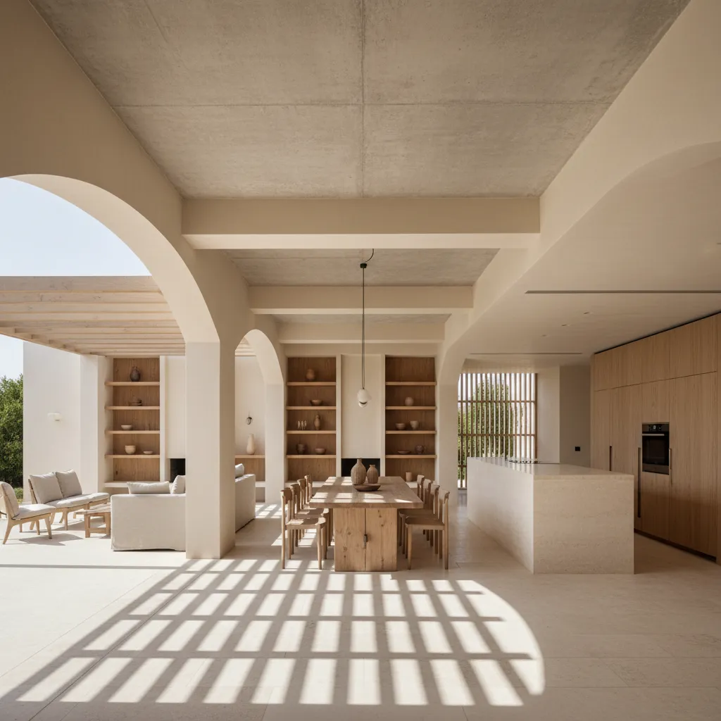 Modern open living area with wooden dining table and island under arched ceiling design drawing
