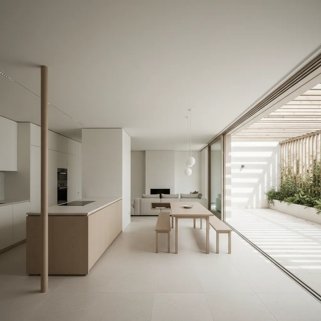Modern open kitchen with wood island dining table benches and glass doors opening to patio