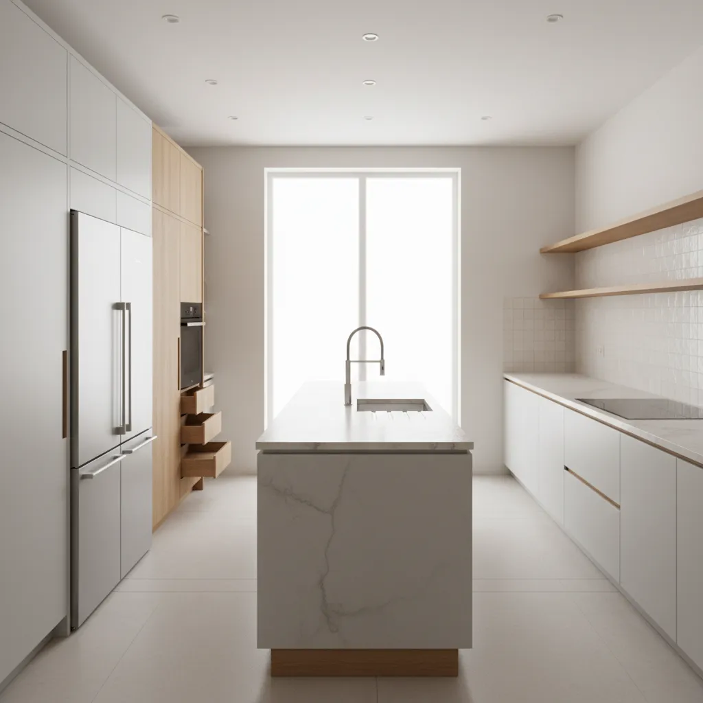 Minimalist white kitchen with marble island central faucet large fridge and wooden shelves during day