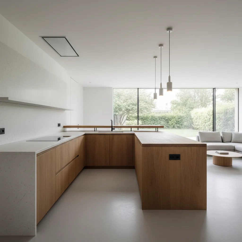 Minimalist wooden kitchen cabinets with white countertop and large window overlooking a green backyard garden