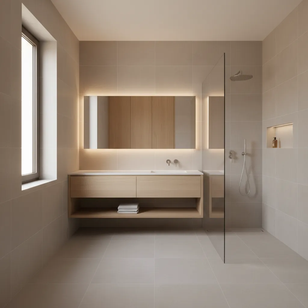 Minimalist bathroom design with long wood cabinet lighted mirror glass shower screen and large floor tiles