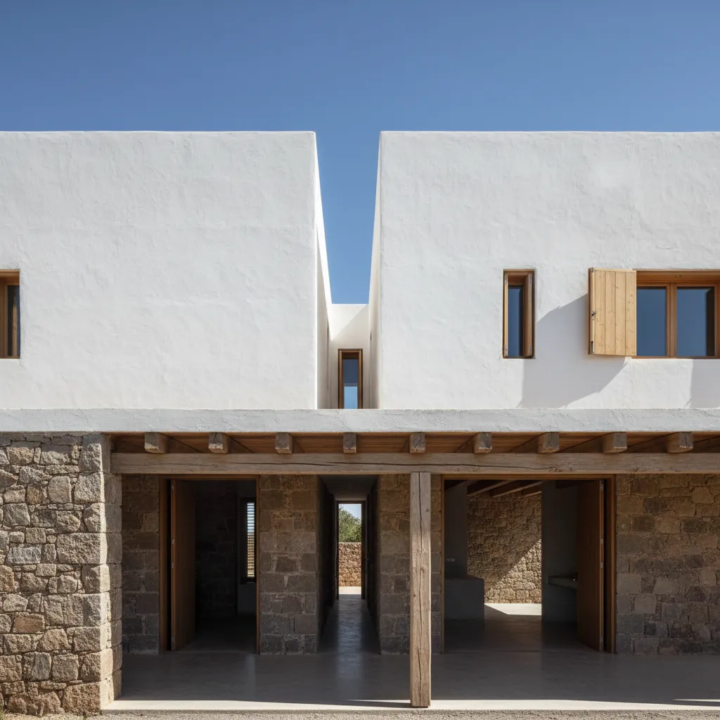Modern white building with stone walls wooden beams blue sky windows and open porch area