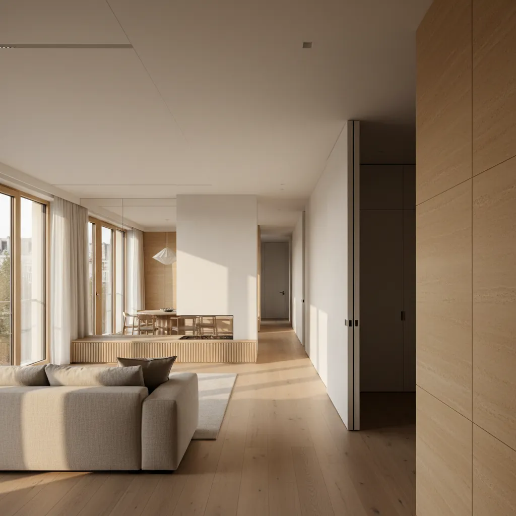 Modern living room with beige sofa wooden floor large windows white walls and a hallway