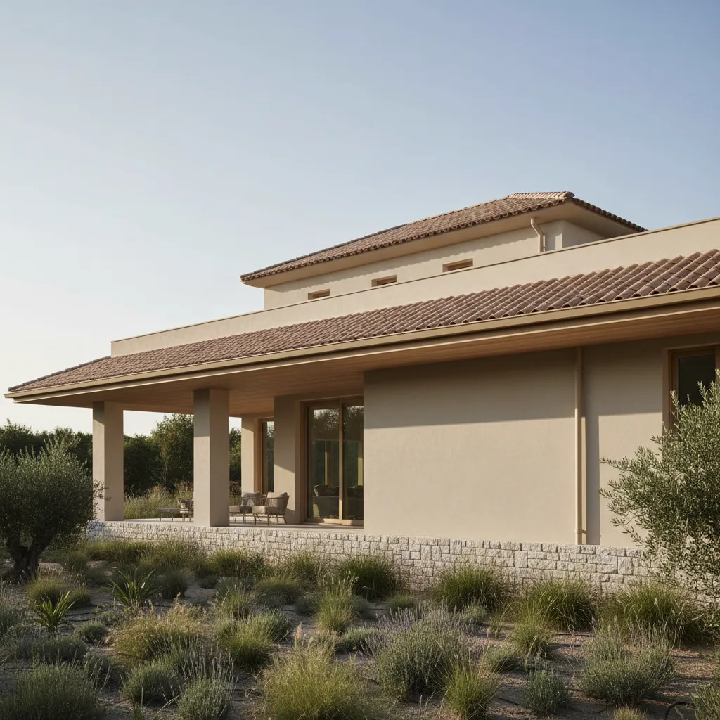 Beautiful Mediterranean villa with clay tile roof beige walls porch seating and green desert garden