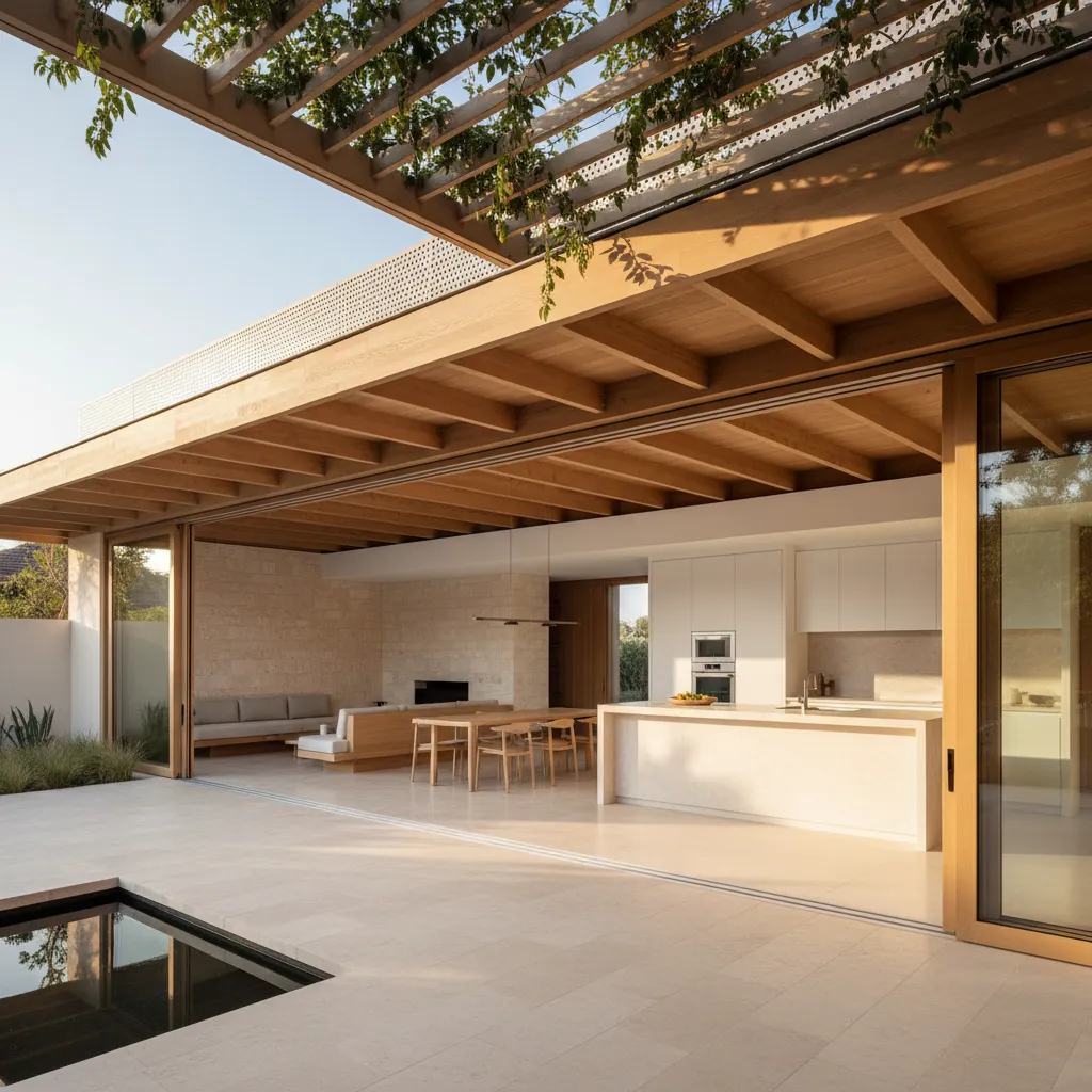 Modern outdoor kitchen and dining area under wood pergola with green vines and small pool