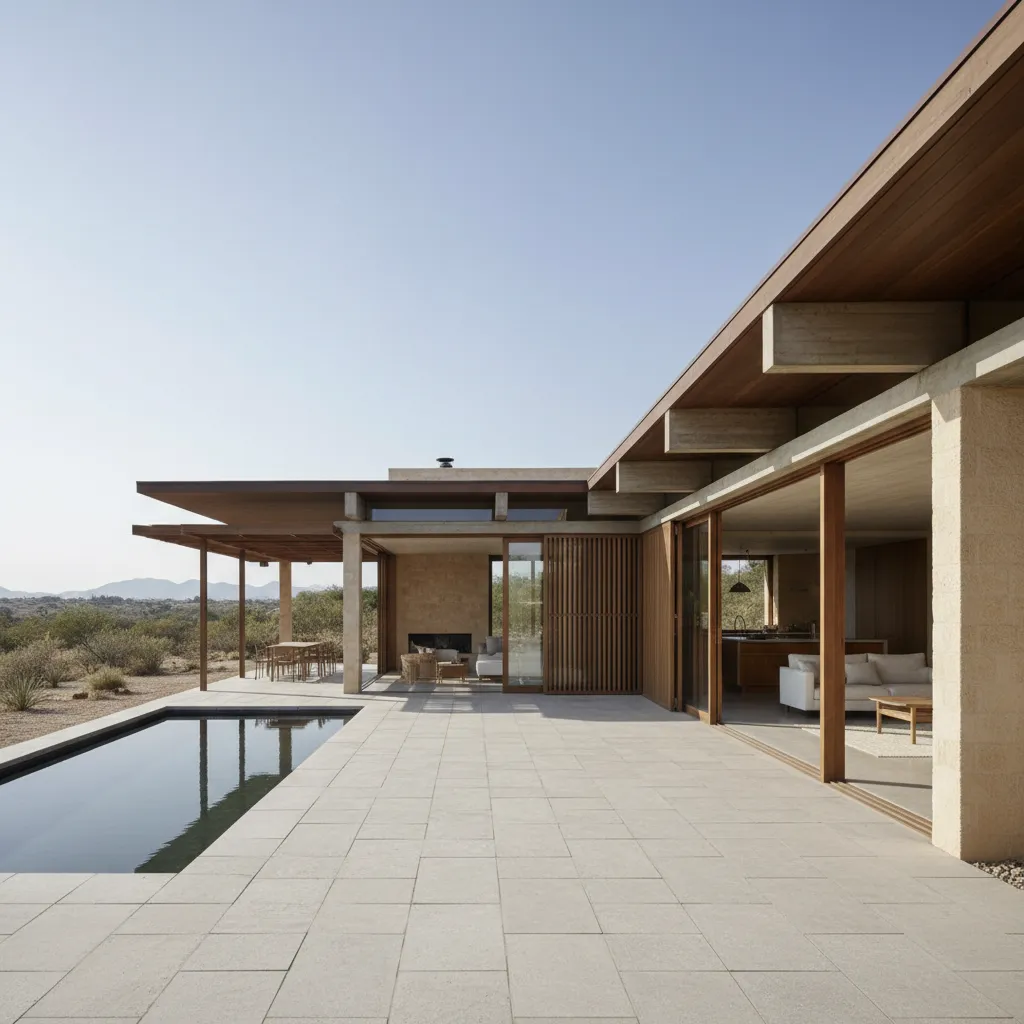Modern house exterior with flat roof swimming pool stone tiles and large sliding glass doors