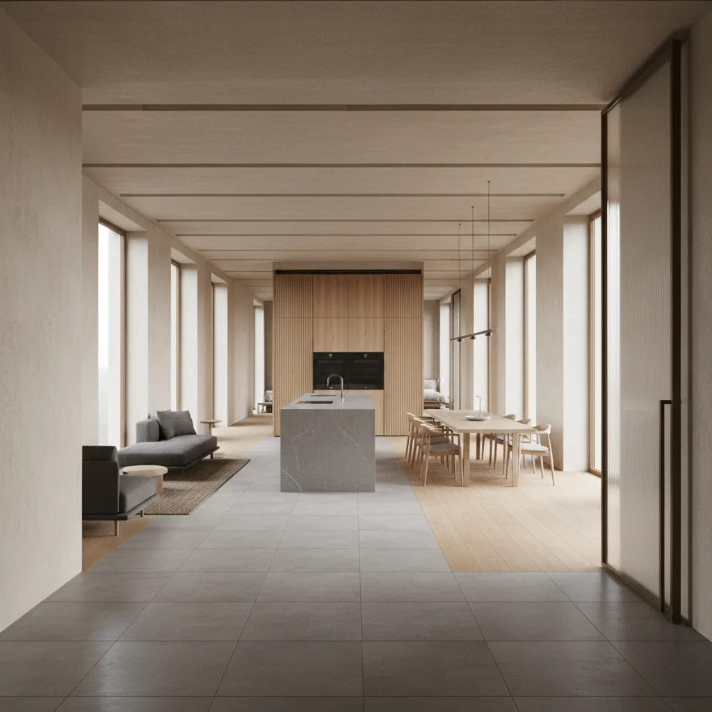 Minimalist open living space with stone kitchen island wooden dining table grey sofas and windows
