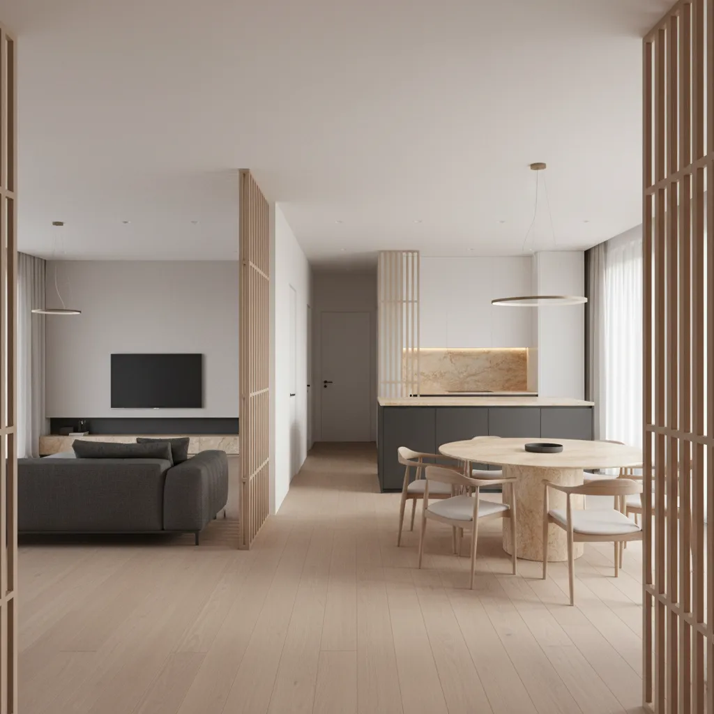 Minimalist living room and dining area with wooden wall panel partitions ceiling lights and dark sofa