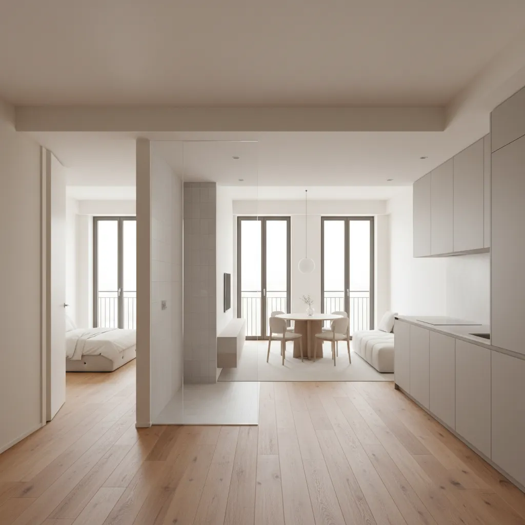 Modern studio apartment layout with glass partition wall kitchen cabinets dining table and bedroom view