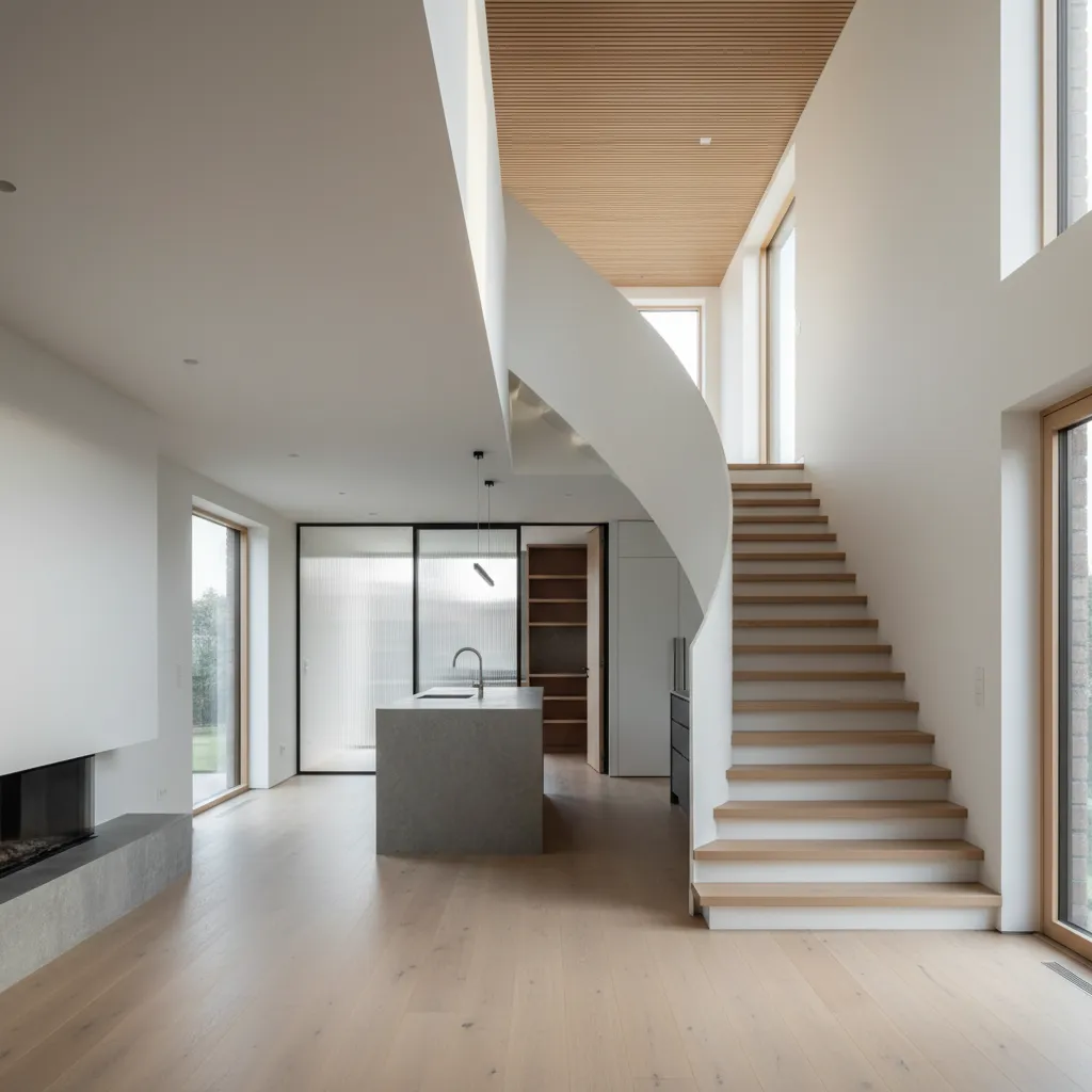 Modern open interior with white curved stairs wooden floor grey kitchen island and natural light