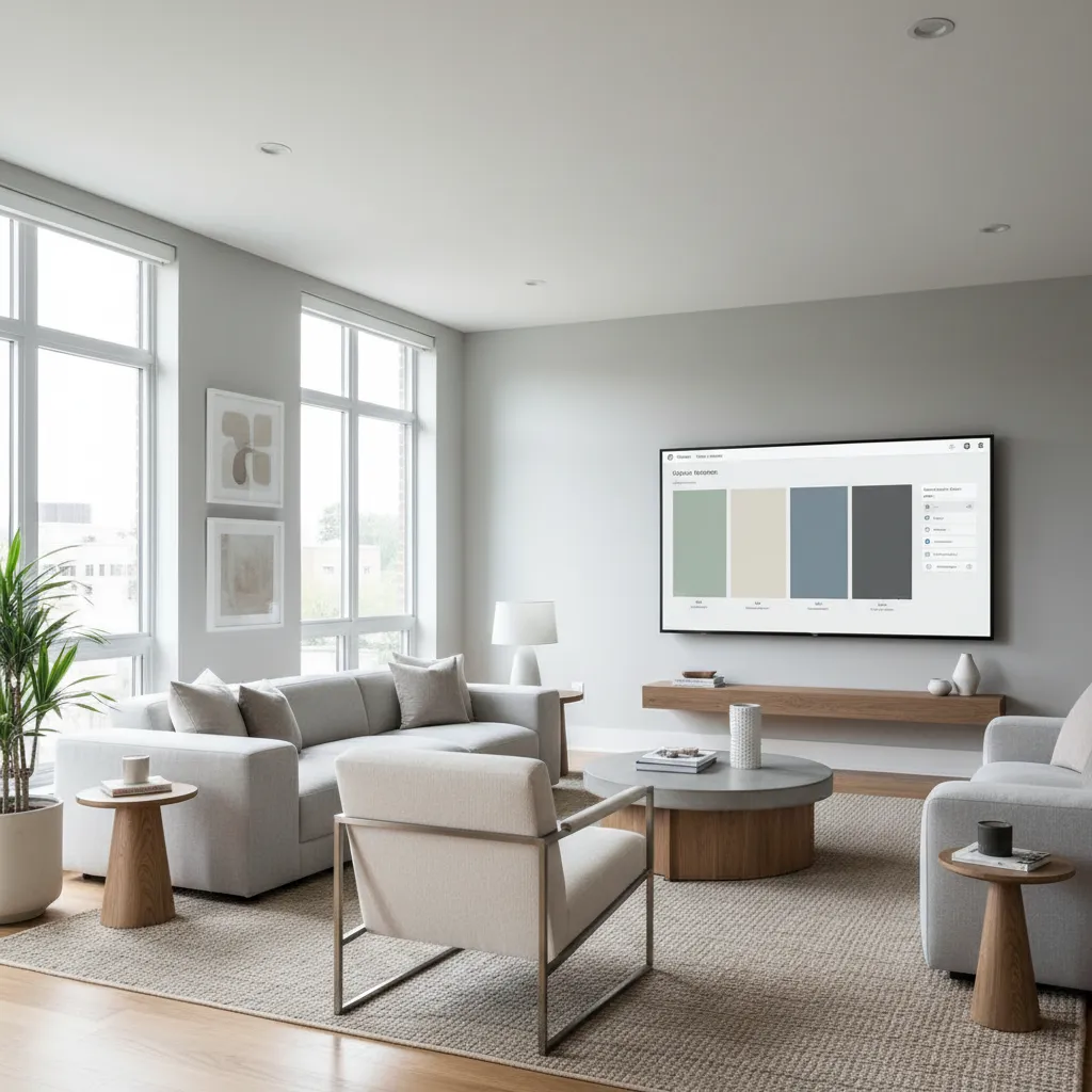 Modern living room showing a TV screen with various wall paint colors for interior design