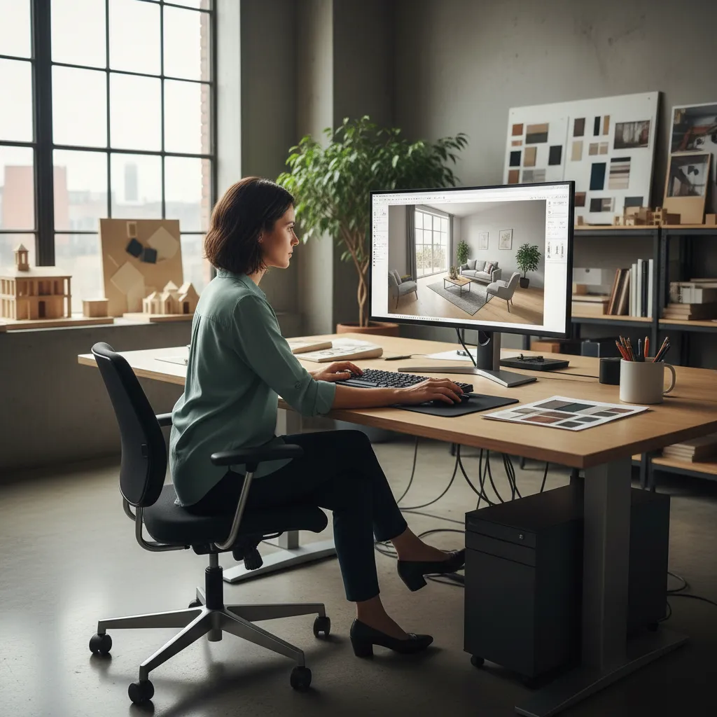 Woman using interior design drawing software on computer at desk with architectural models and plants