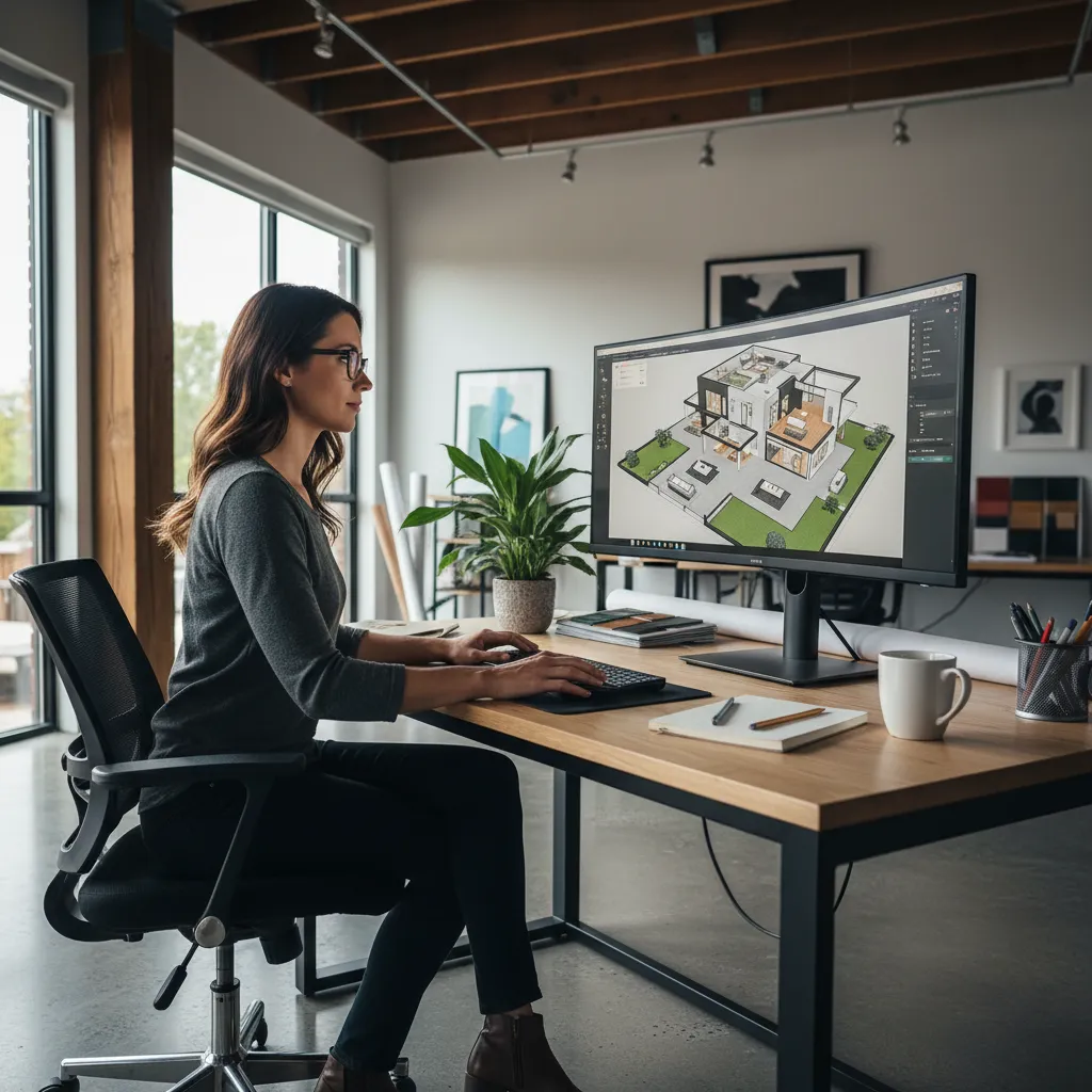 Diseñador utilizando software de planificación de planos en computadora