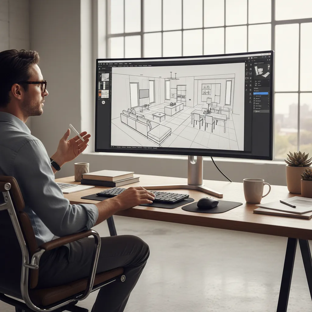 Diseñador utilizando software para crear plano de vivienda en 3D