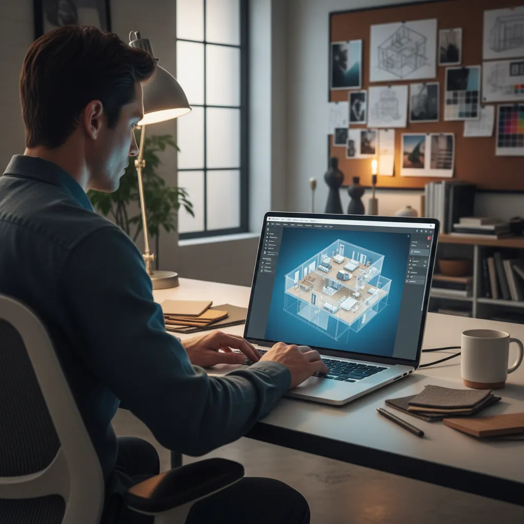Persona diseñando plano de casa en software de planificación 3D