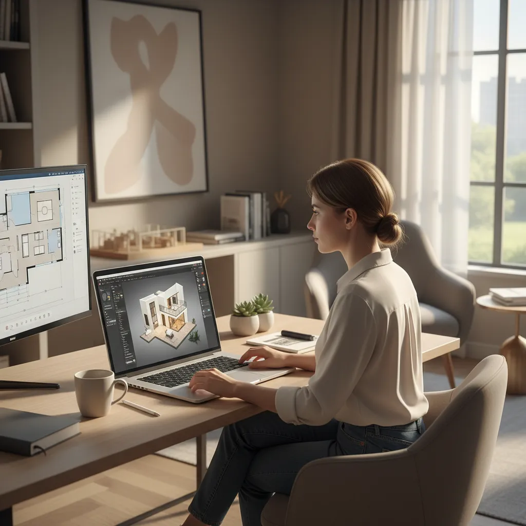 Persona diseñando un plano de casa en software 3D