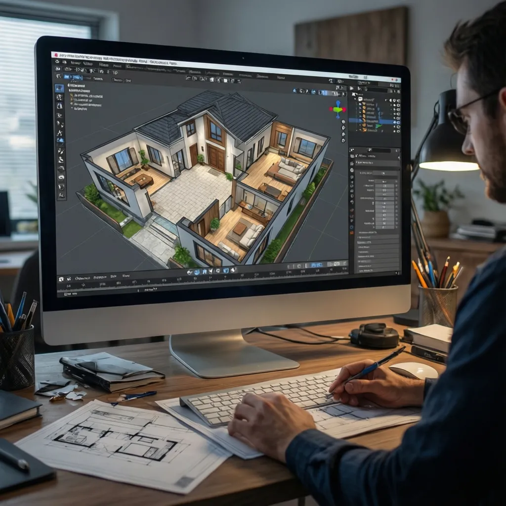 Designer using a computer to create an interior design drawing of a modern house layout
