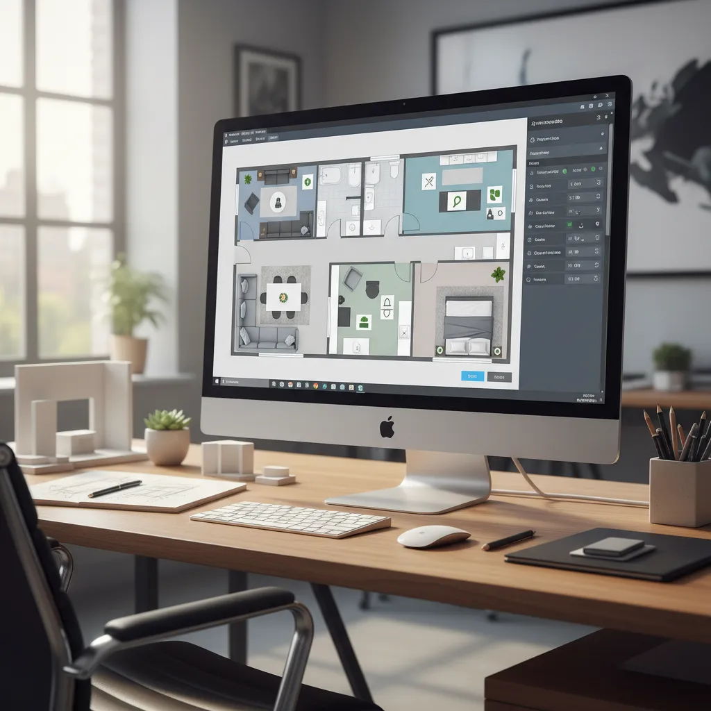 Interfaz de software mostrando plano de casa con muebles