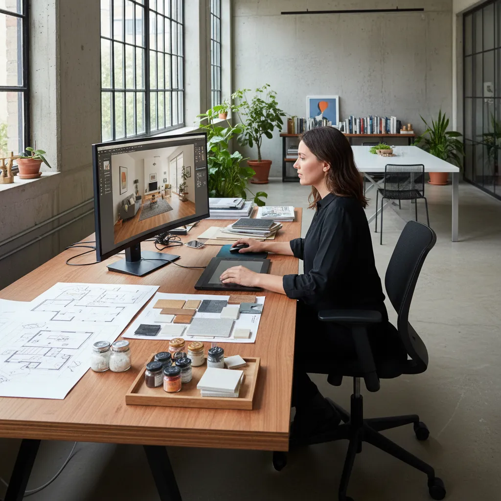 Persona diseñando una habitación en un software de diseño de interiores
