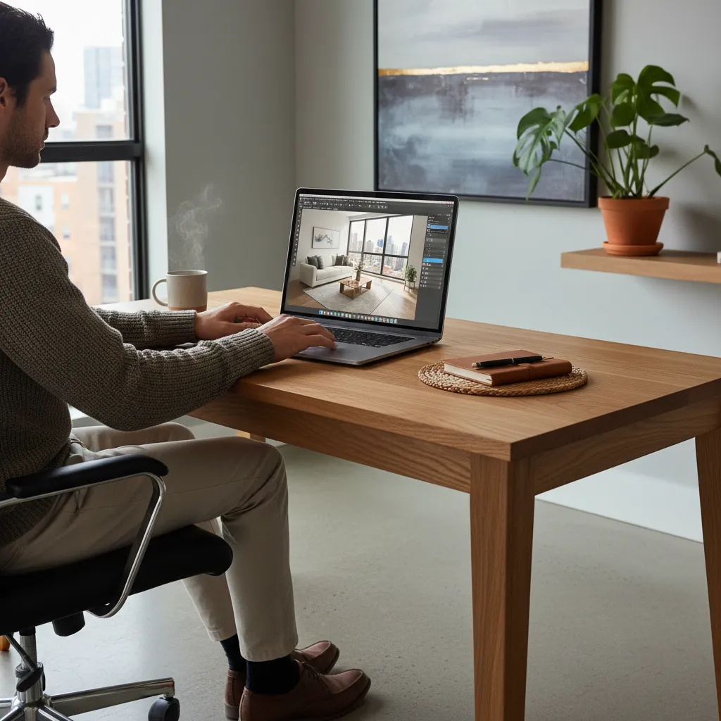 Persona utilizando software de diseño de interiores 3D en un portátil