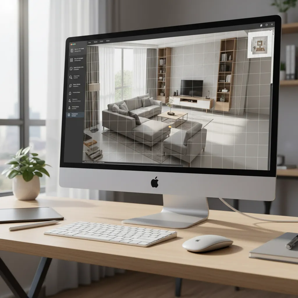 Pantalla de ordenador mostrando una herramienta online de diseño de interiores en 3D