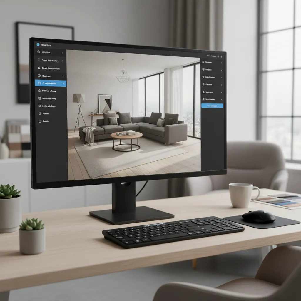 Computer monitor showing Coohom interior design software with modern living room layout on wooden desk