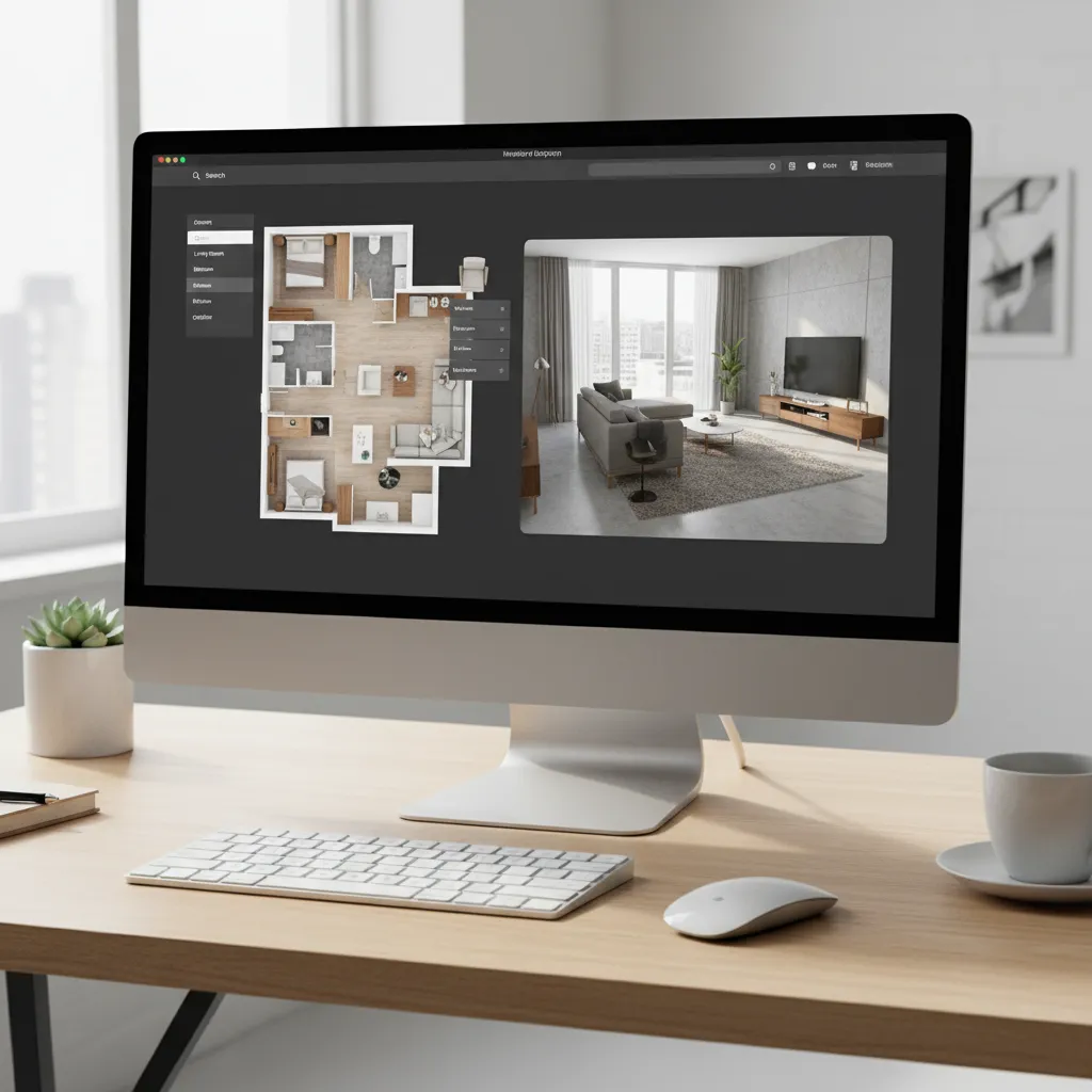 Computer screen displaying an apartment floor plan layout next to a modern 3D room design