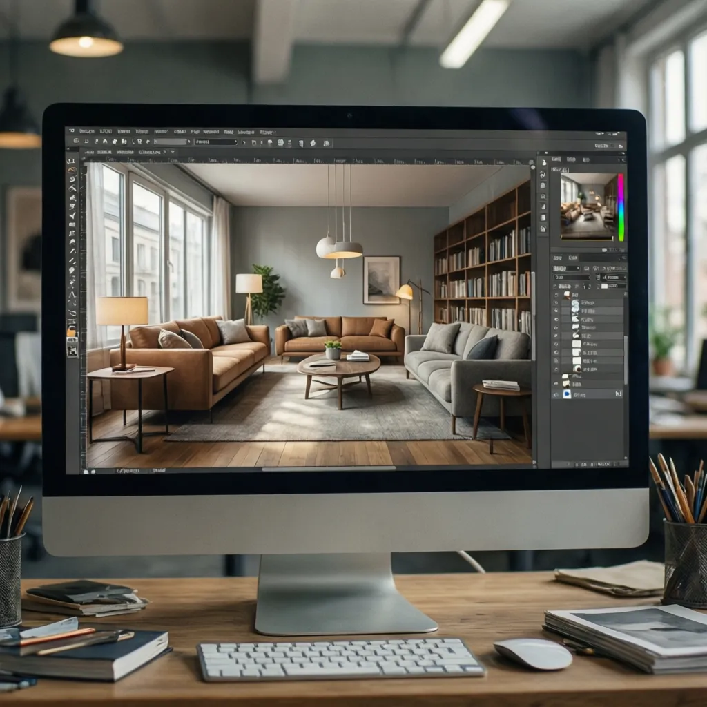 Interfaz de software mostrando biblioteca de muebles para diseño interior