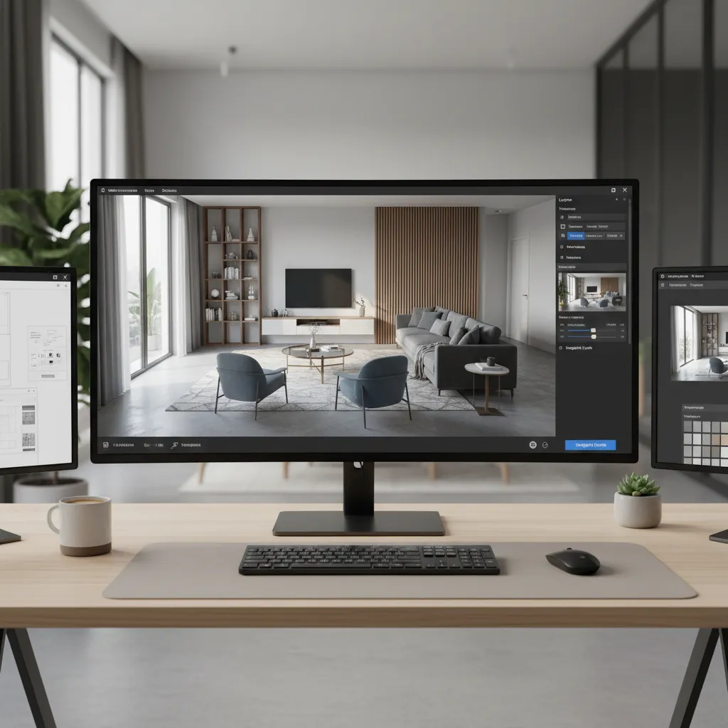 software de diseño de interiores mostrando una sala en 3D