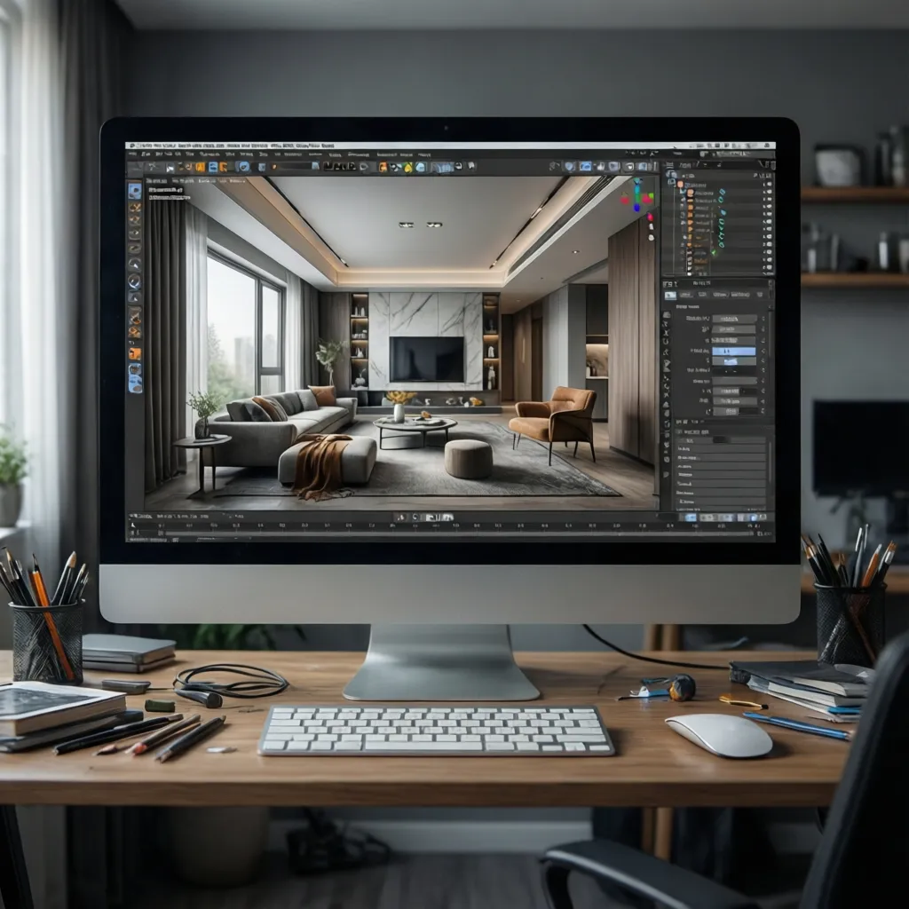 Coohom interior design drawing software showing a modern living room layout on wooden office desk