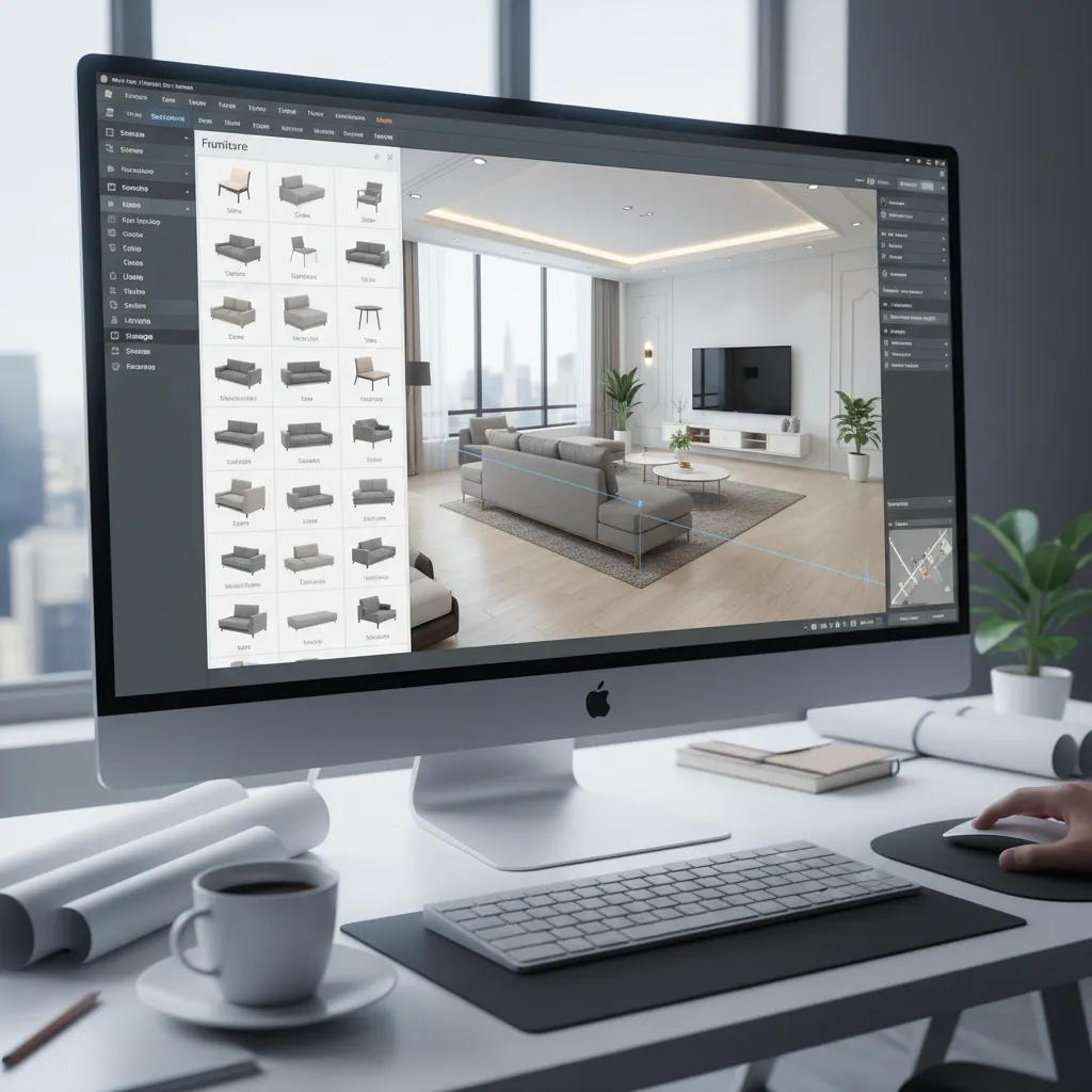 Interfaz de herramienta online con biblioteca de muebles para diseño interior