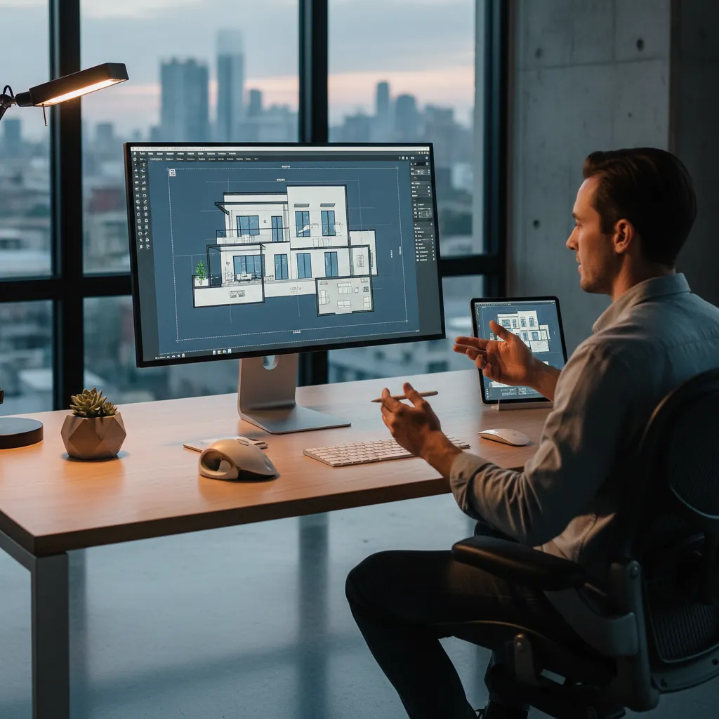 Pantalla de ordenador mostrando software de diseño de planos de casas