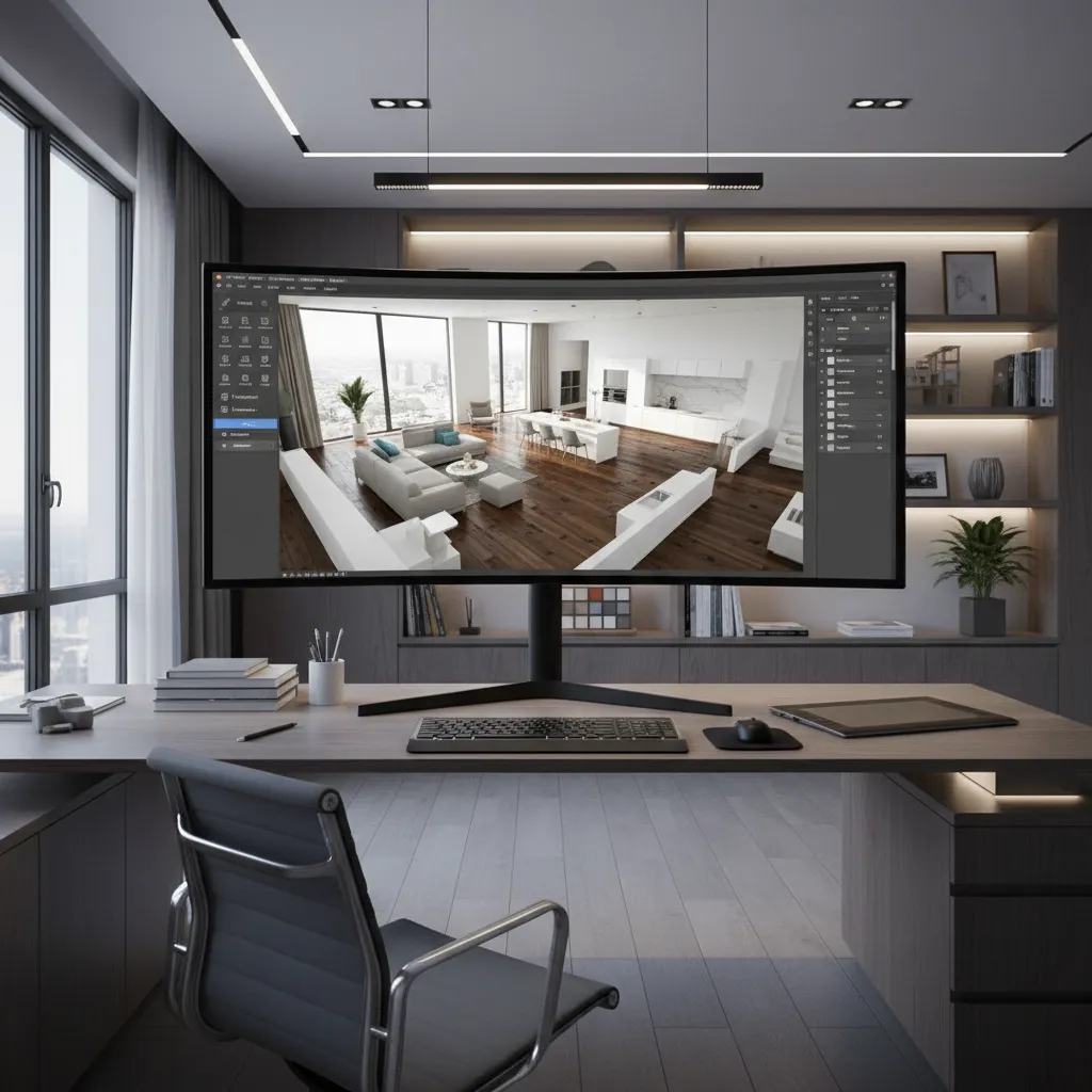 Large curved monitor showing a 3D interior design drawing of modern living room and kitchen